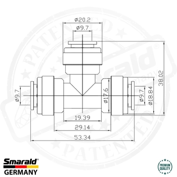 T - Fitting Adapter Verbindungsstück 1/4" - 3/8" - 3/8" Zoll Zeichnung